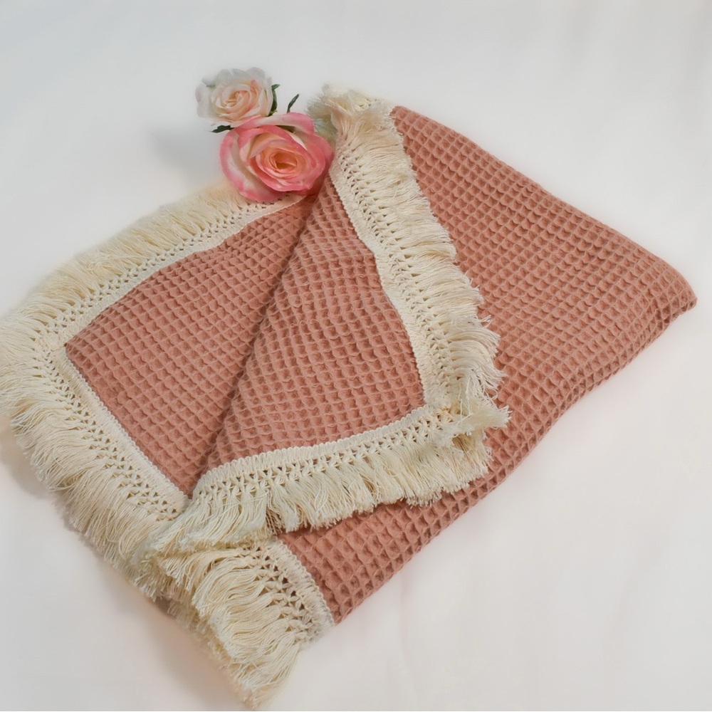 Pink Ultra Light Weight Baby Blanket With Cream Fringe